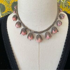Probably French Vintage Pink Flower Glass Metal Necklace
